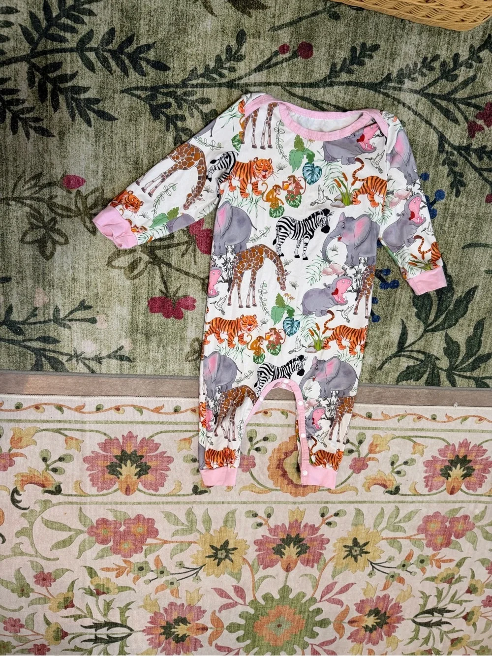 Pink-Trim Safari Animal Print Footie Pajamas for Kids